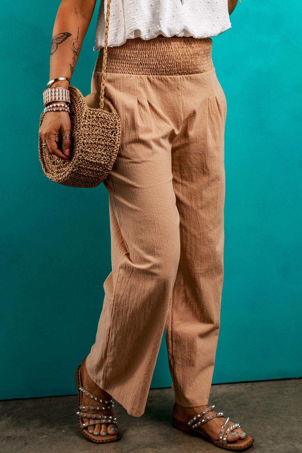 Outfit Flow - Smocked Elastic Waist Pants with Pockets