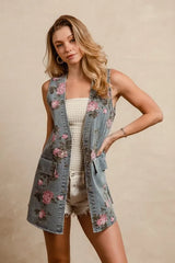 BiBi Floral Print Washed Denim Long Rider Vest OutfitFlow