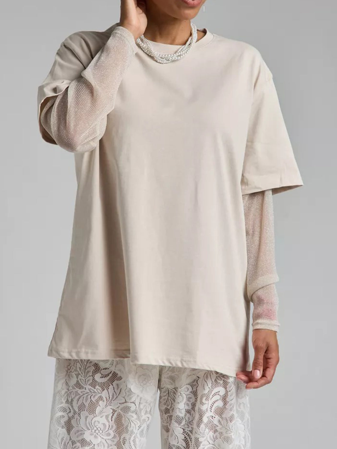 Faux Layered Round Neck Mesh Sleeve Top