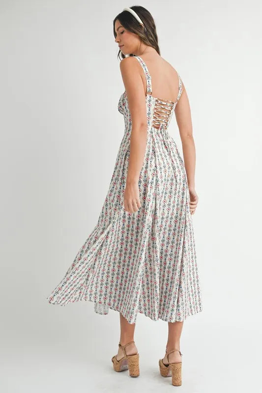 MABLE Floral Print Bustier Back Lace Up Midi Dress OutfitFlow
