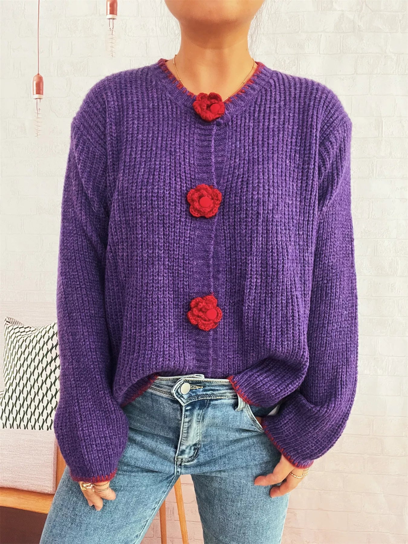 Flower Button Long Sleeve Cardigan OutfitFlow