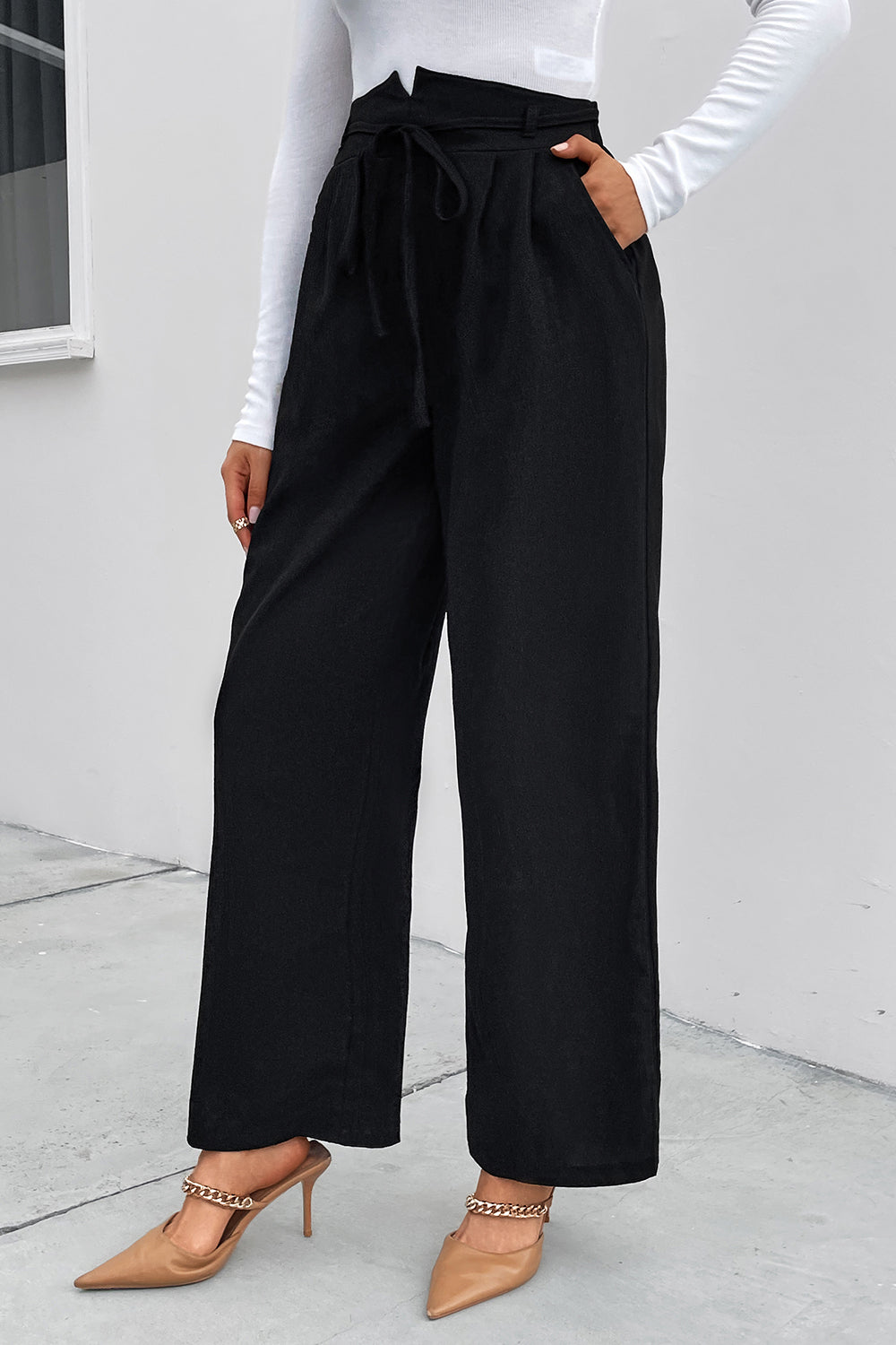 Outfit Flow - Perfee High Waist Ruched Tie Front Wide Leg Pants