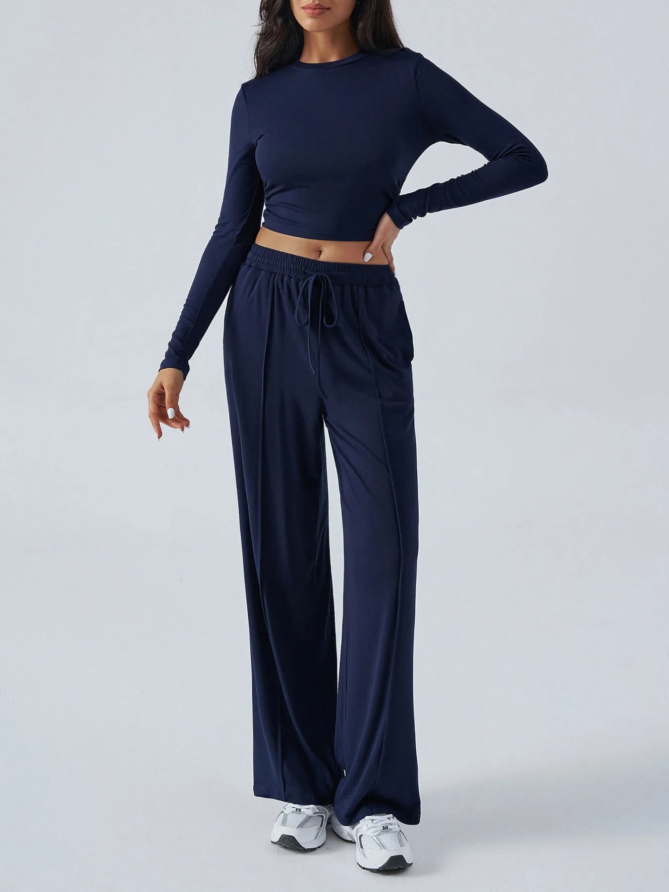 Round Neck Long Sleeve Top and Pants Set OutfitFlow