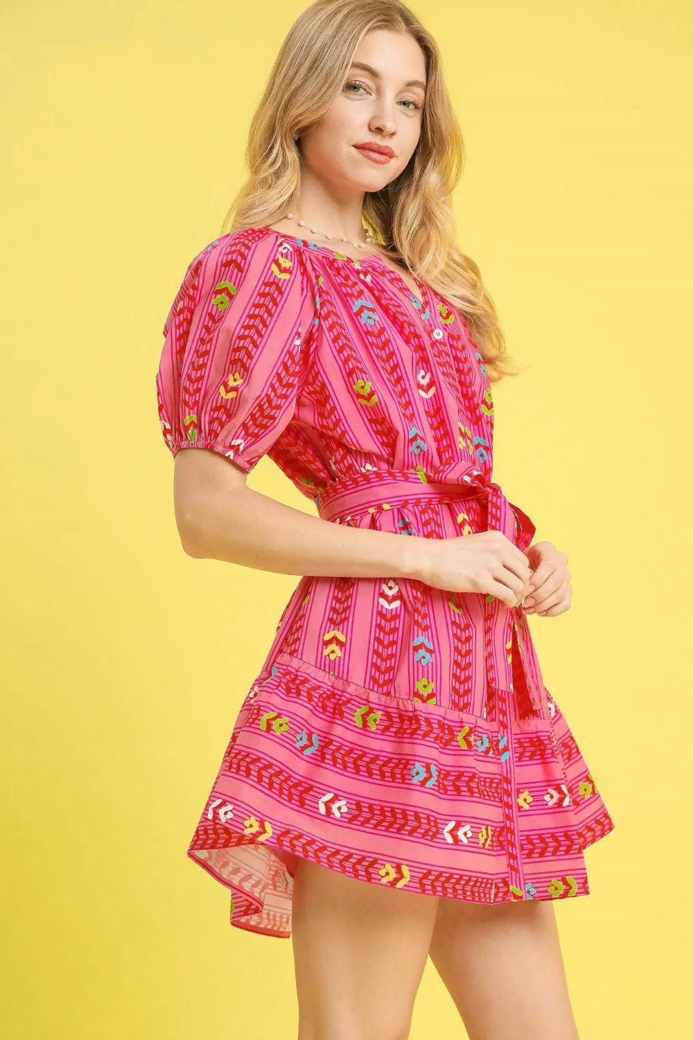 Umgee Printed Tie Waist Puff Short Sleeve Mini Dress OutfitFlow