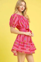 Umgee Printed Tie Waist Puff Short Sleeve Mini Dress OutfitFlow
