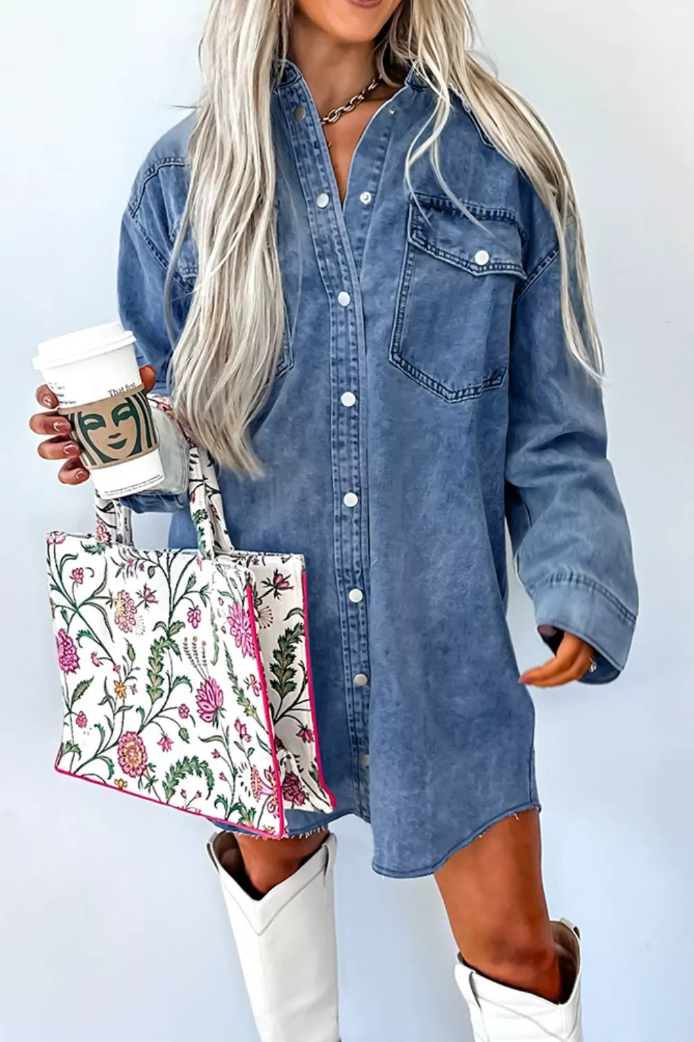 Vintage Wash Button-Down Denim Dress OutfitFlow