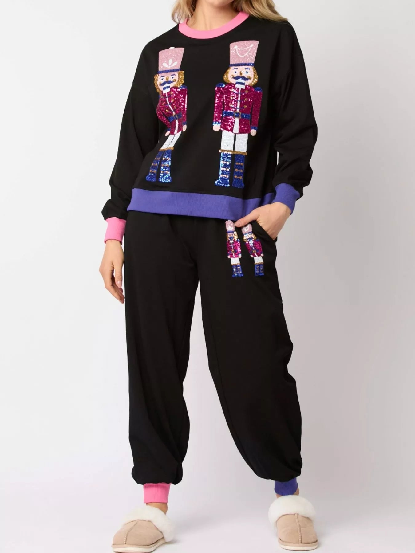 Nutcracker Contrast Trim Sweatshirt and Pants Set Black OutfitFlow
