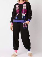Nutcracker Contrast Trim Sweatshirt and Pants Set Black OutfitFlow