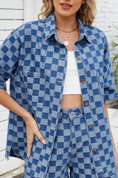 Button Down Checkered Denim Shirt OutfitFlow