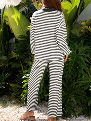 Striped Contrast Top and Wide Leg Pants Set OutfitFlow