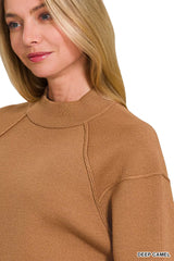 Zenana Viscose Mock Neck Exposed Seam Sweater OutfitFlow