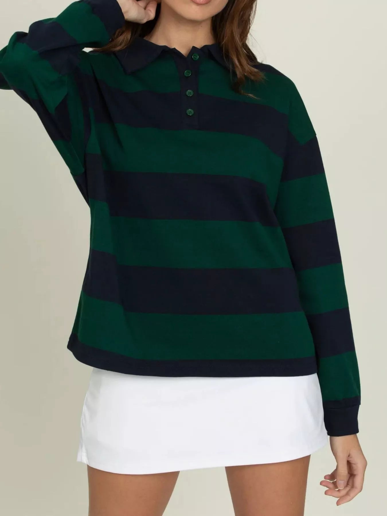 Striped Polo Collar Sweatshirt with Button Details OutfitFlow