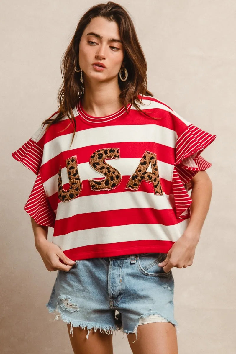 BiBi Stripe Mixed Ruffle Sleeve Top With Leopard Letter OutfitFlow