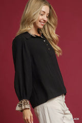 Umgee Half Button Blouse with Leopard Print Trim OutfitFlow