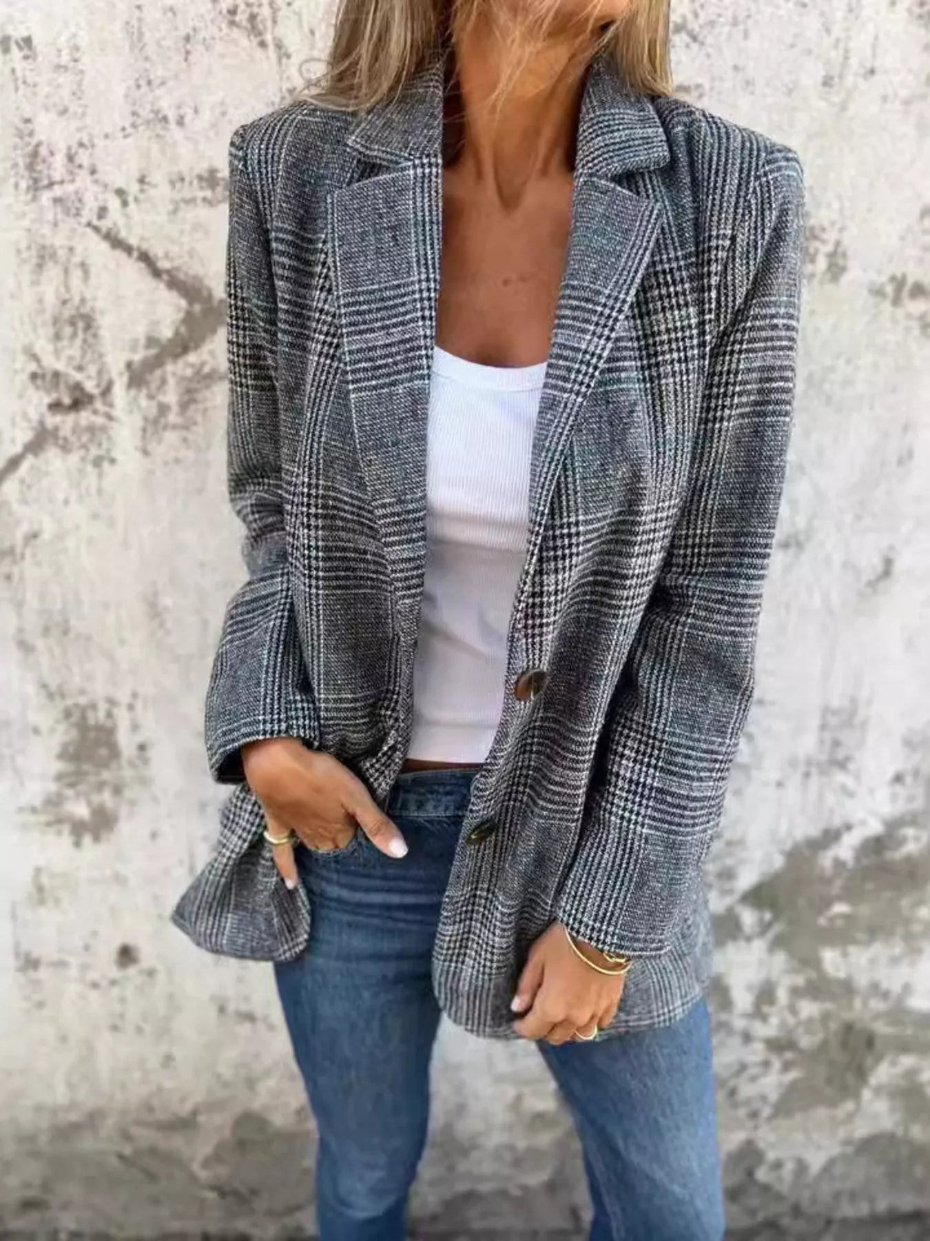 Full Size Plaid Single-Breasted Long Sleeve Blazer Plus Size Black Trendsi