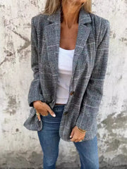 Full Size Plaid Single-Breasted Long Sleeve Blazer Plus Size Black Trendsi