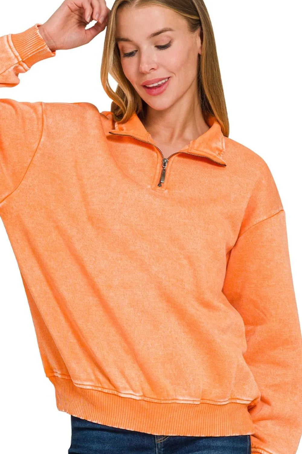 Zenana Acid Wash Fleece Half Zip Pullover Sweatshirt LT ORANGE OutfitFlow
