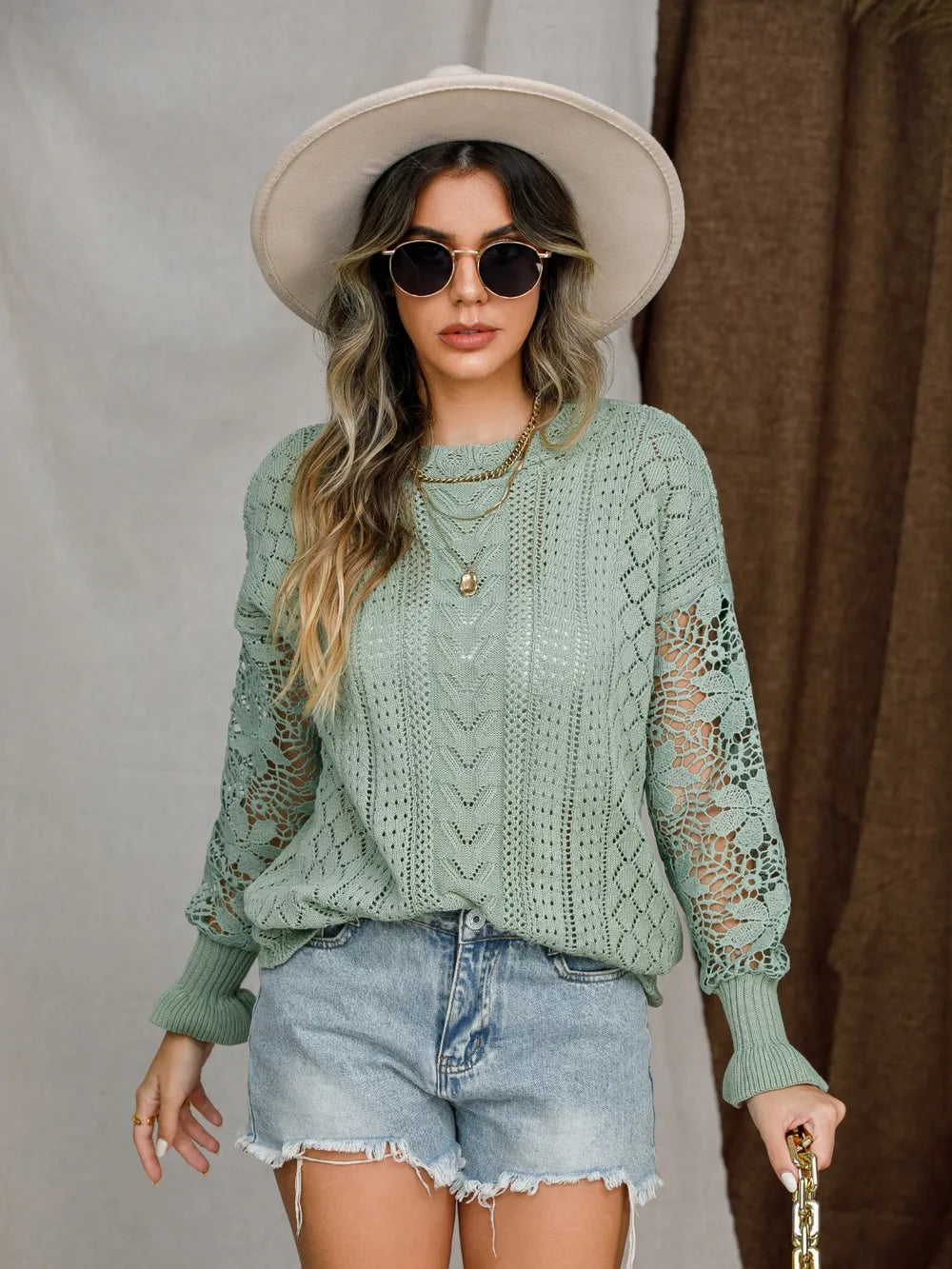 Eyelet Crochet Lantern Sleeve Sweater Light Green Trendsi