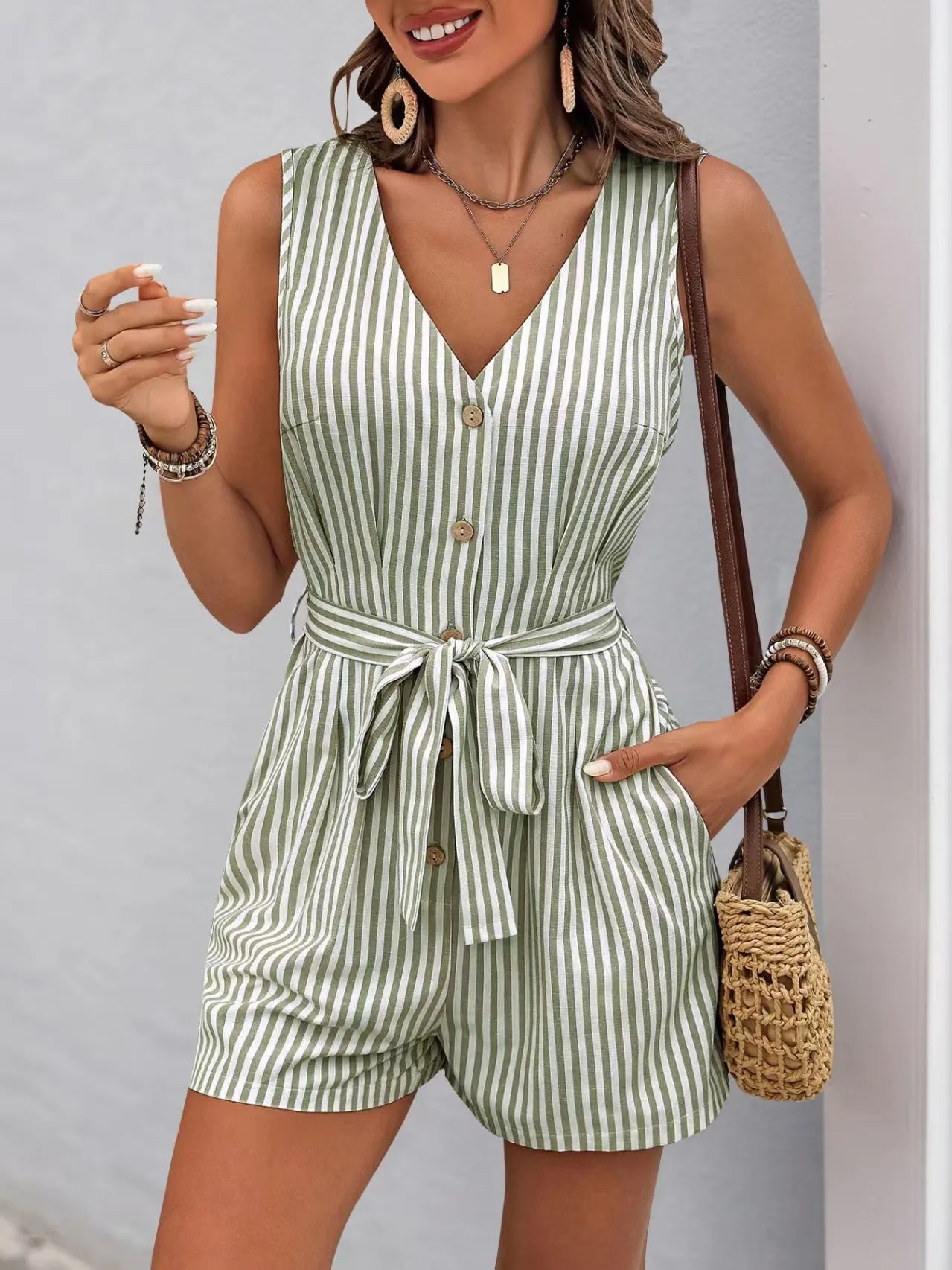 Striped V-neck Button Front Belted Romper OutfitFlow