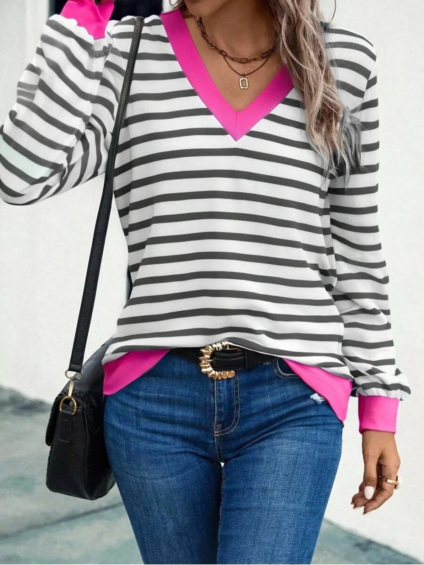 Striped V-Neck Long Sleeve T-Shirt Gray OutfitFlow
