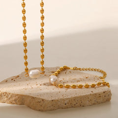 Pearl and Gold Chain Jewelry Set with Necklace and Bracelet OutfitFlow