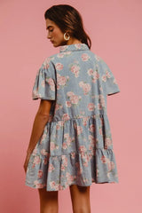 BiBi Floral Print Washed Lightweight Tiered Shirt Dress OutfitFlow