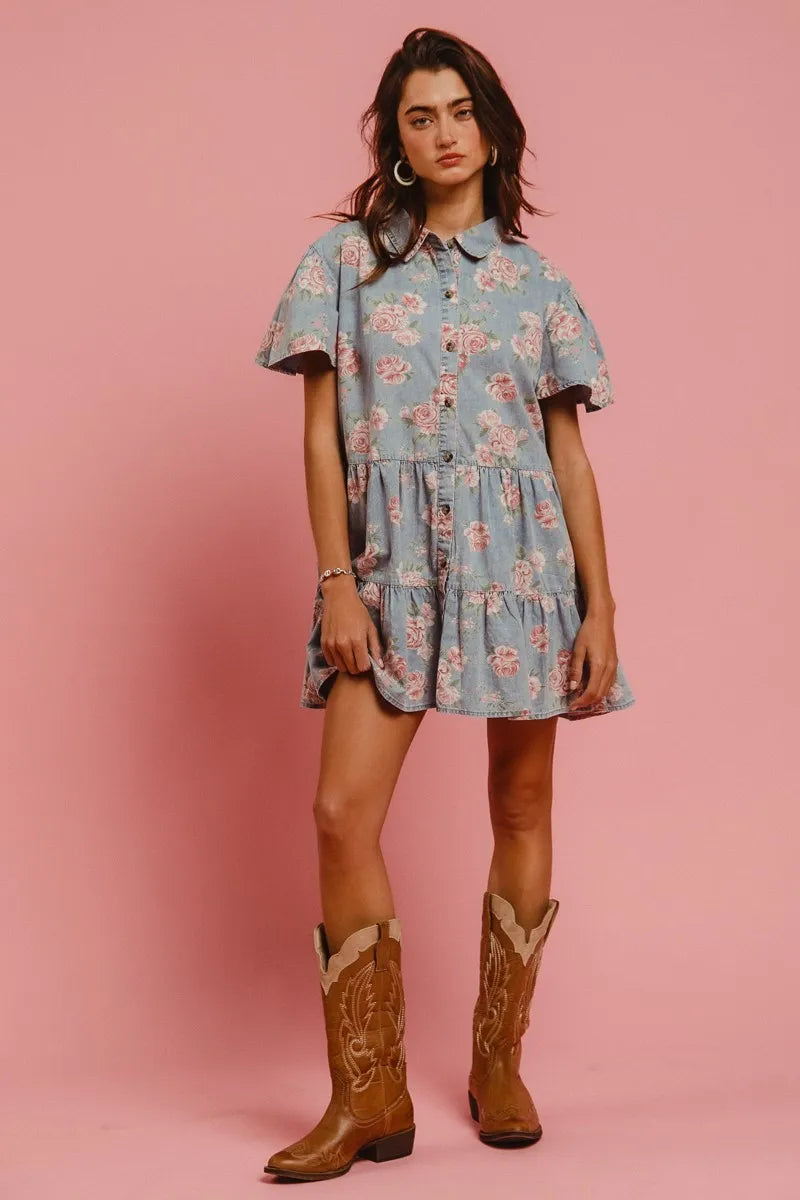 BiBi Floral Print Washed Lightweight Tiered Shirt Dress OutfitFlow
