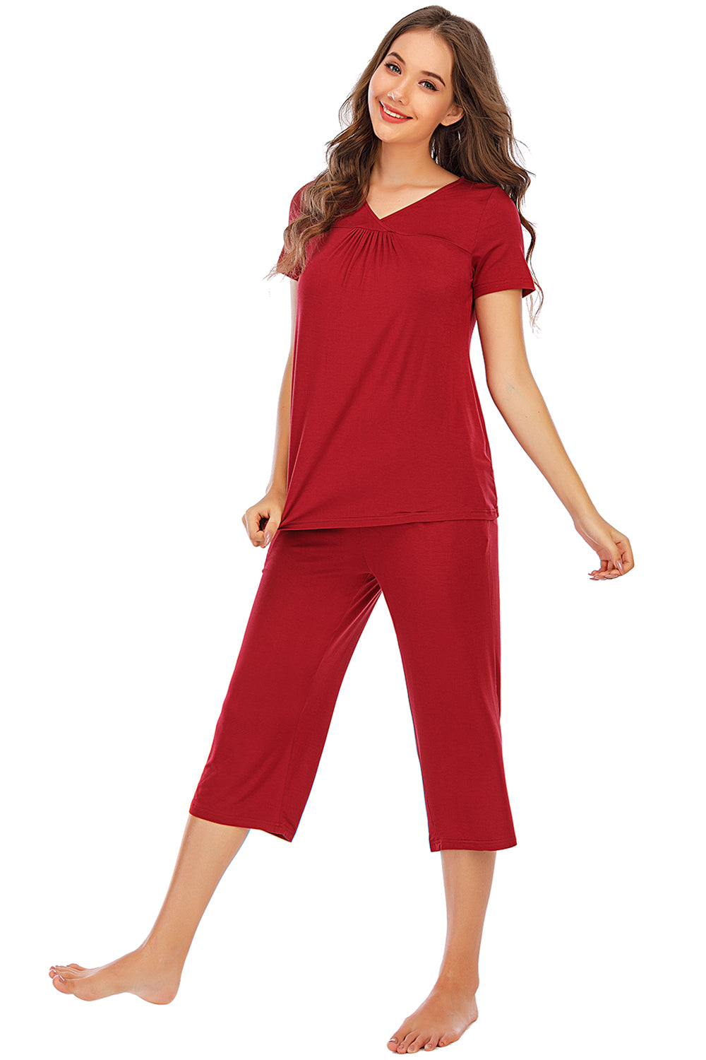 Outfit Flow - V-Neck Short Sleeve Top and Pants Lounge Set