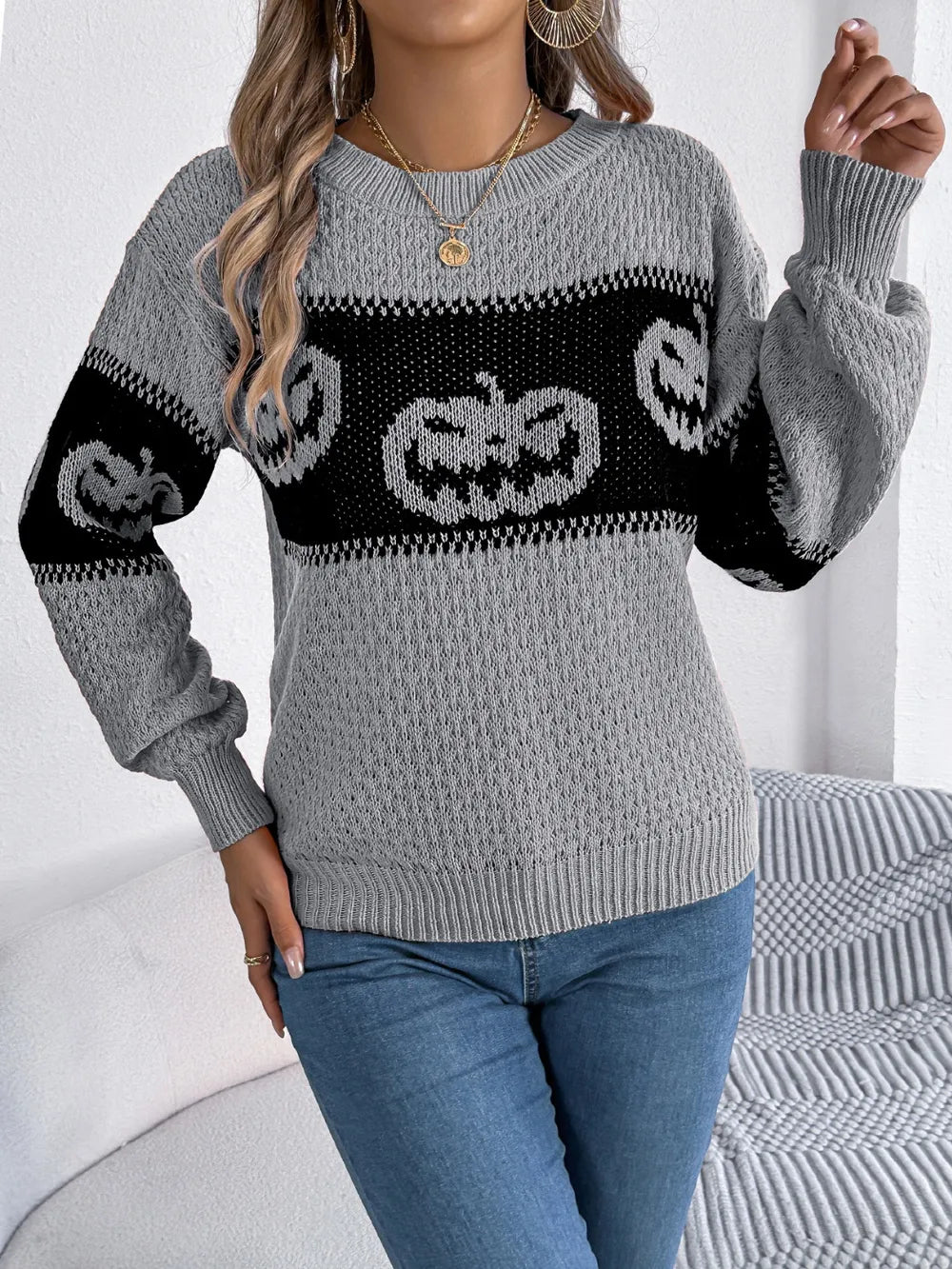 Pumpkin Round Neck Long Sleeve Sweater OutfitFlow