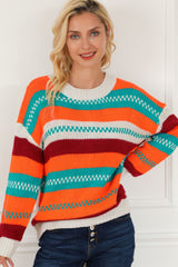 Outfit Flow - Contrast Striped Round Neck Long Sleeve Sweater