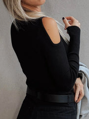 Ribbed Knit Cold Shoulder Sweater OutfitFlow