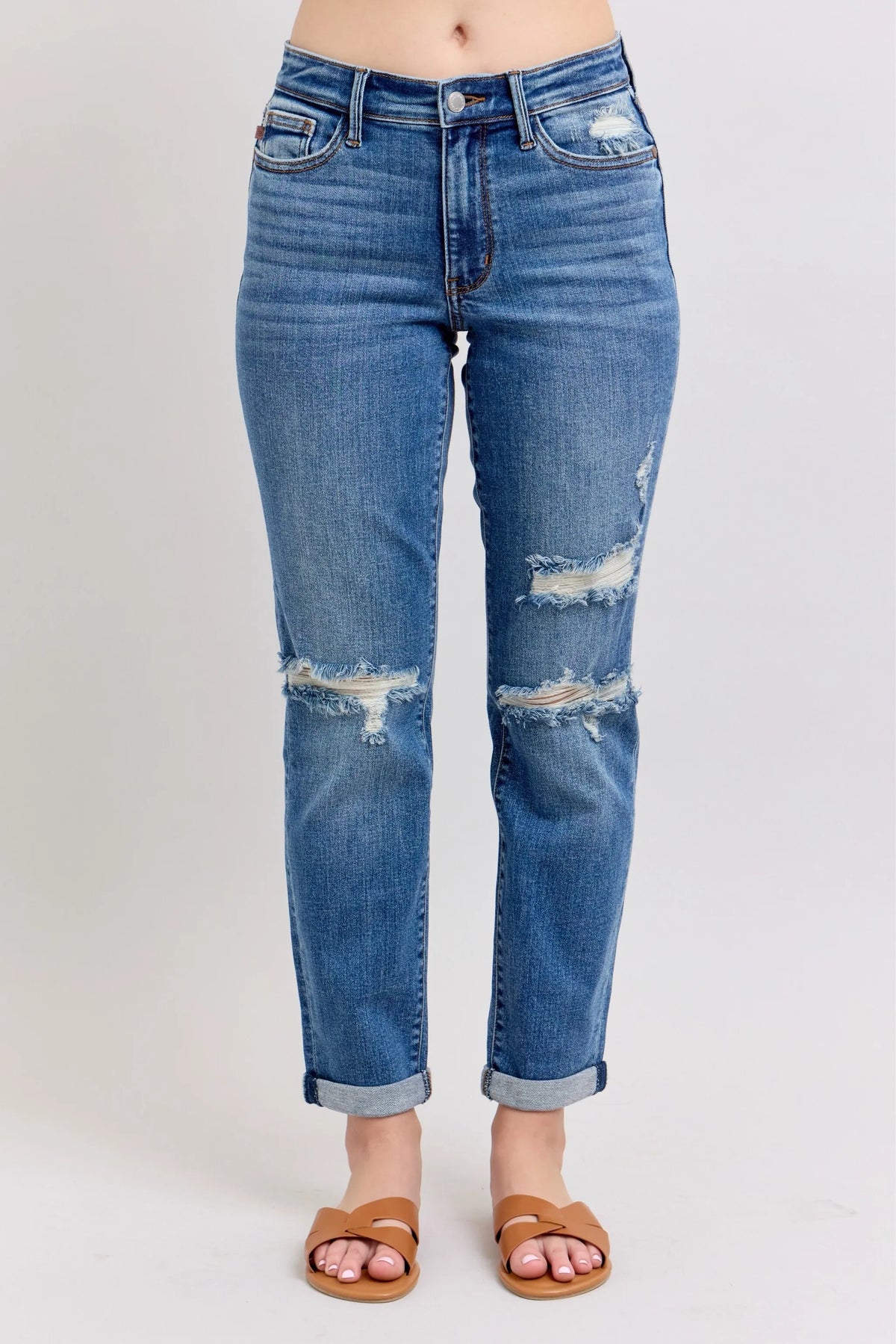 Judy Blue Full Size Mr Vintage Wash Boyfriend Fit W/ Destroy Jeans Plue Size MD OutfitFlow