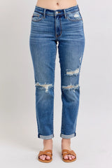 Judy Blue Full Size Mr Vintage Wash Boyfriend Fit W/ Destroy Jeans Plue Size MD OutfitFlow