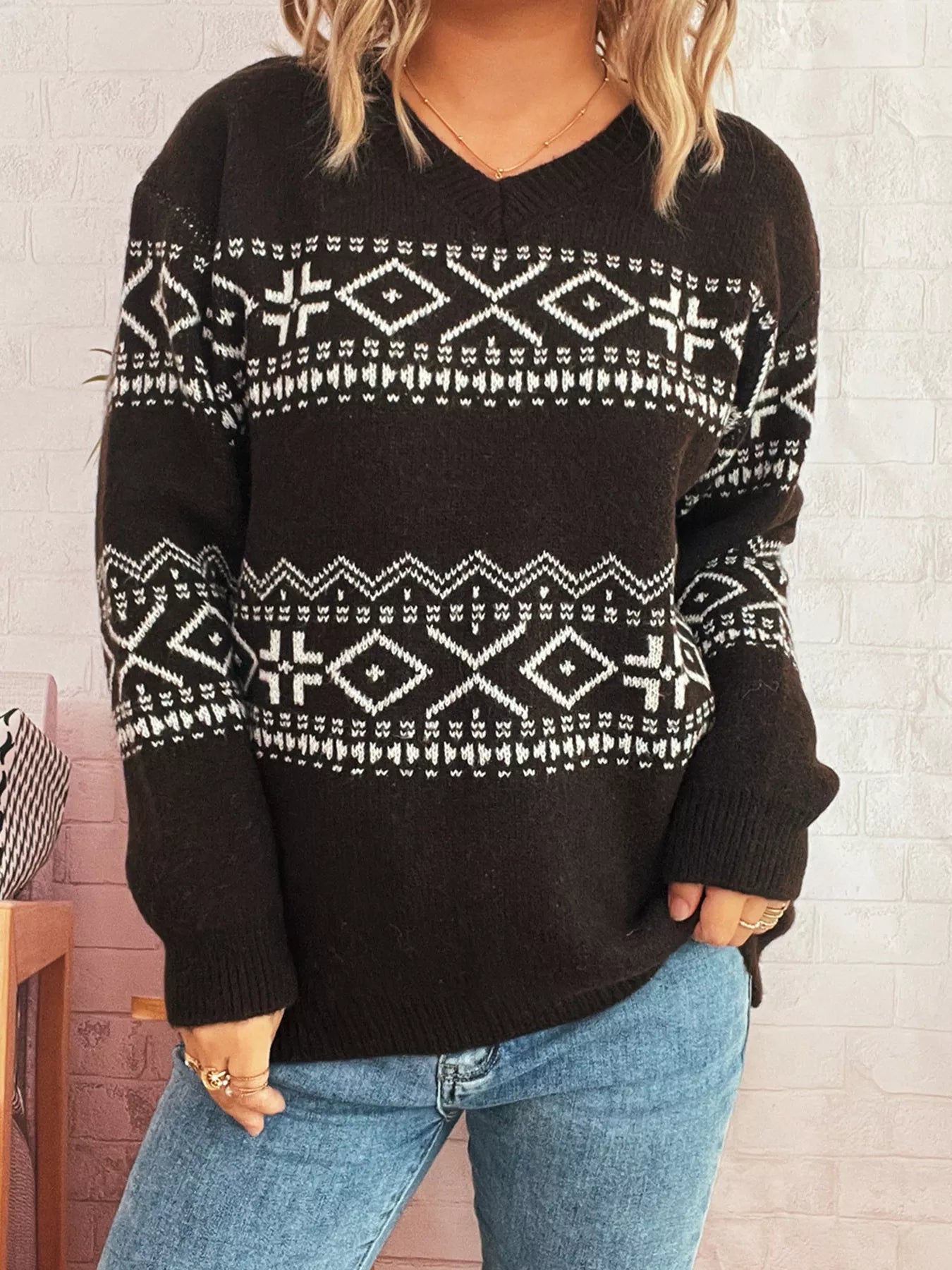 Geometric Dropped Shoulder Long Sleeve Sweater OutfitFlow