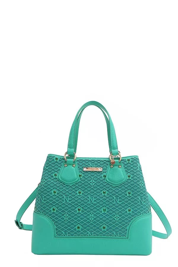 Nicole Lee USA Monogram Pattern Handbag with Rhinestones Decor EMERALD OS OutfitFlow