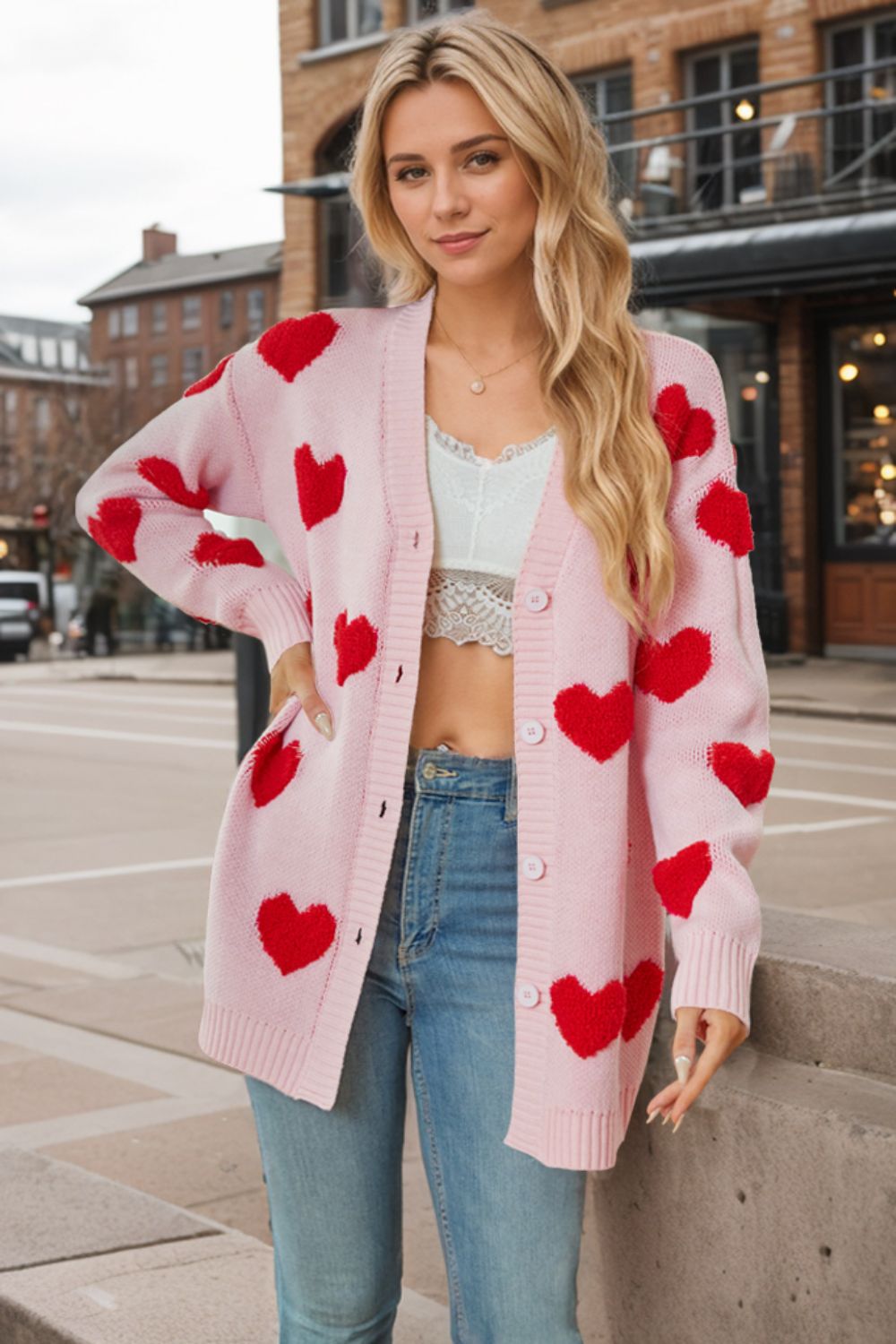 Outfit Flow - Heart Button Down Long Sleeve Cardigan