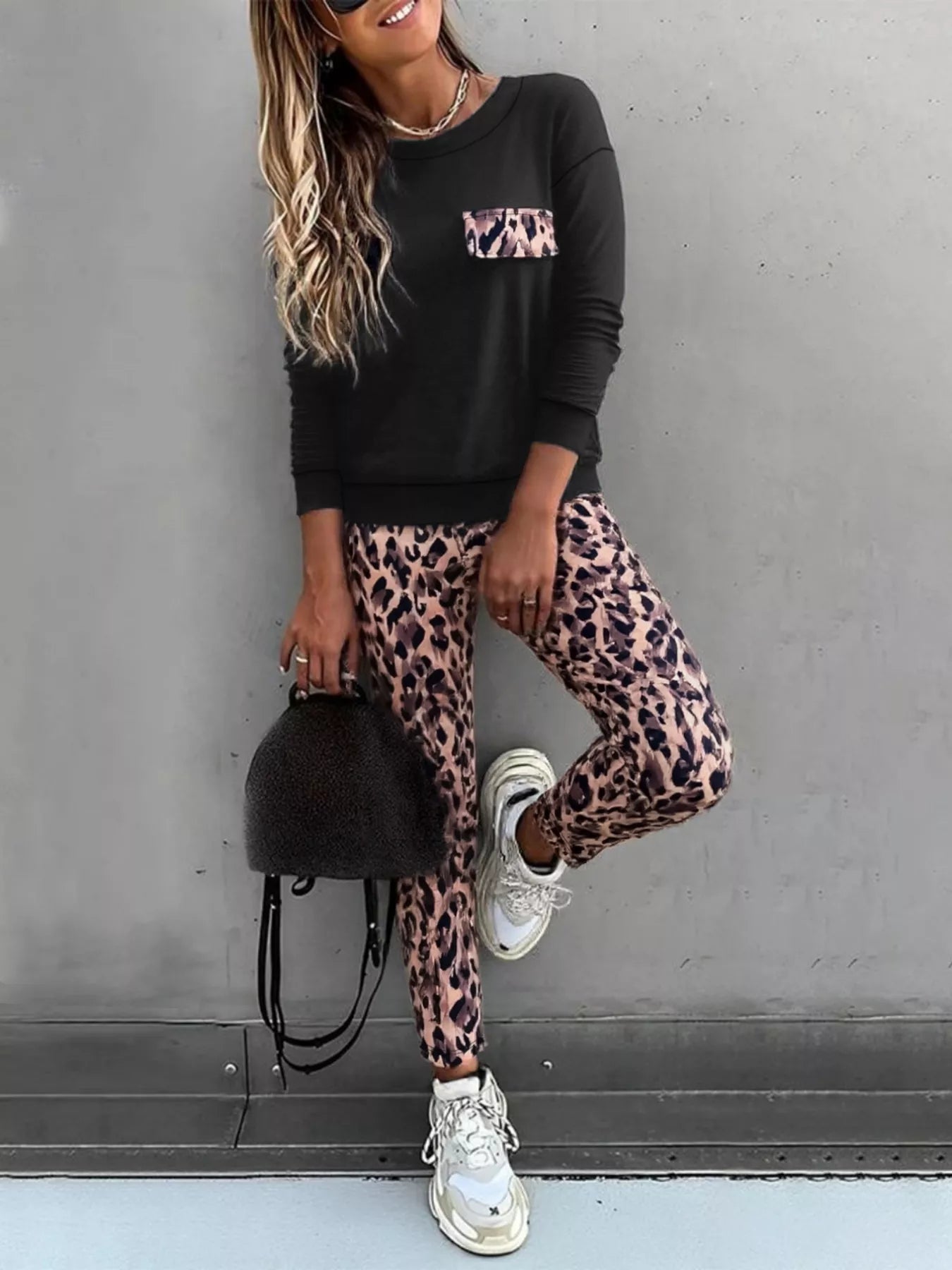 Leopard Print Top and Pants Set Black OutfitFlow