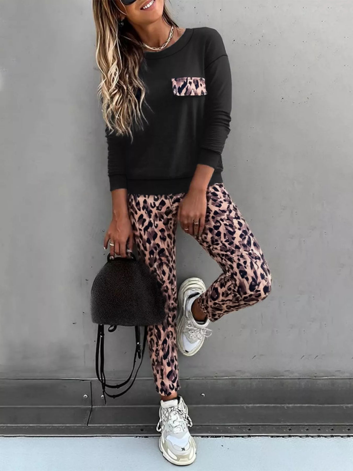 Leopard Print Top and Pants Set Black OutfitFlow