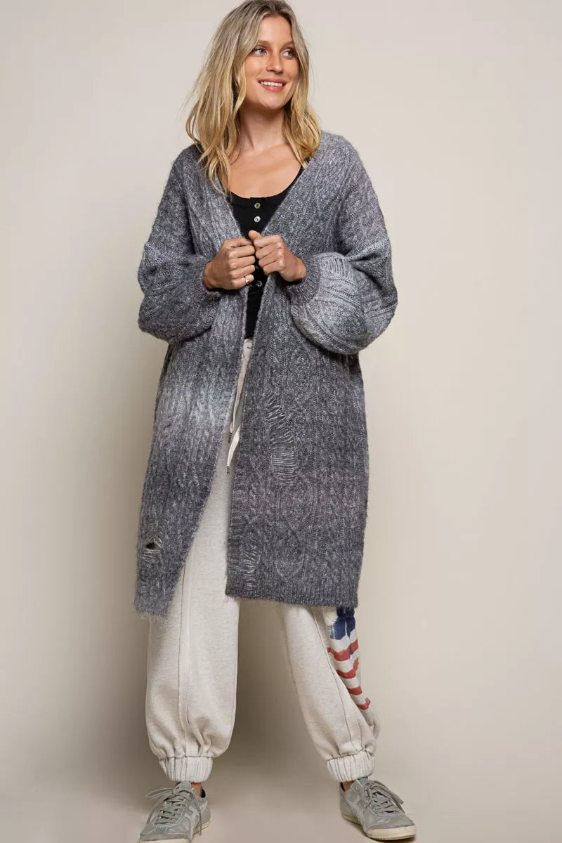 POL Distressed Cable-Knit Ombre Dying Cardigan Trendsi