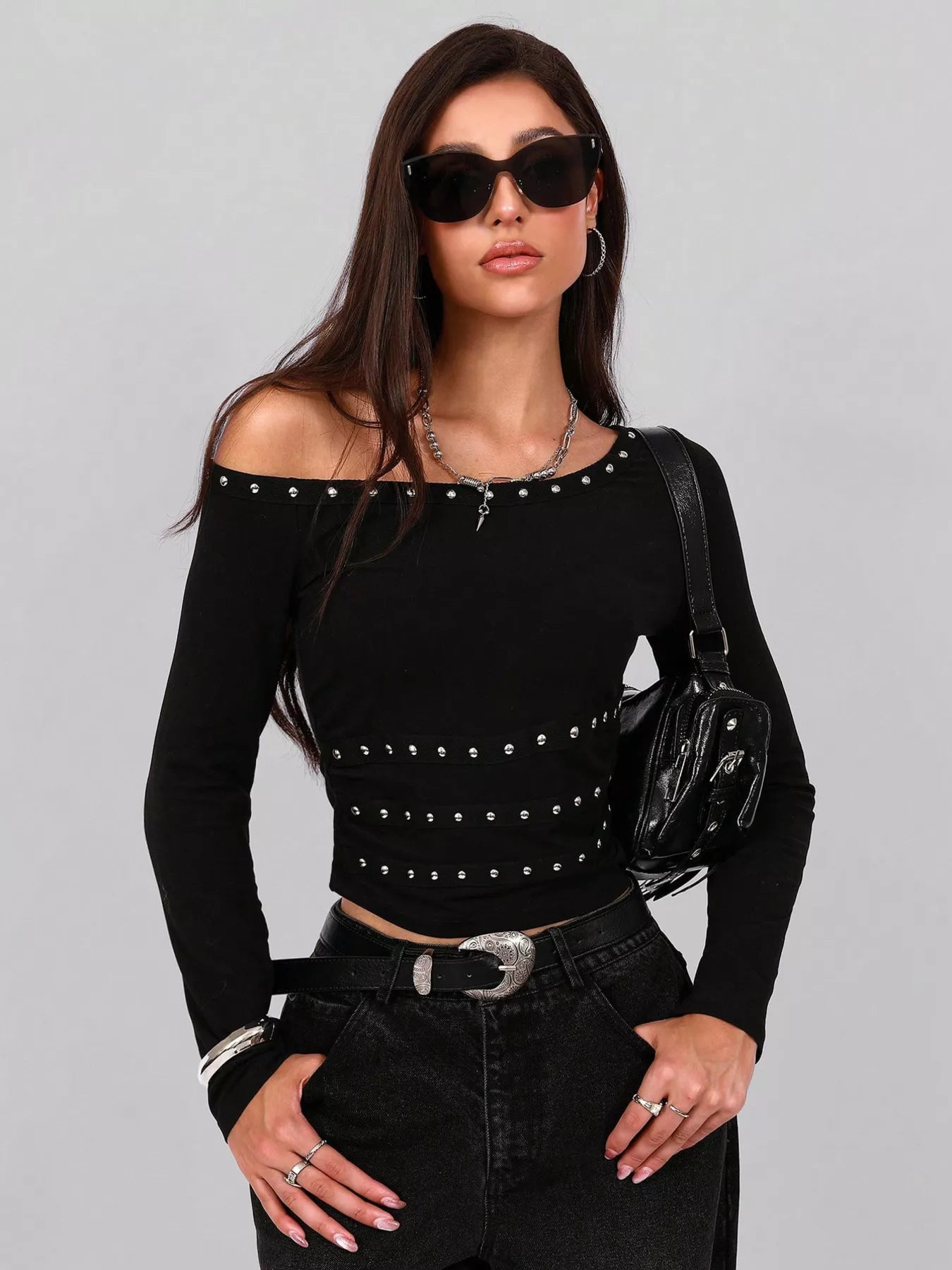 Studded One Shoulder Long Sleeve T-Shirt OutfitFlow