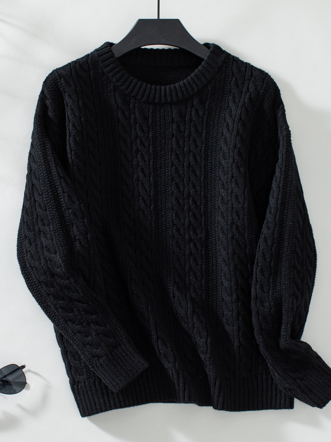 Outfit Flow - Cable-Knit Round Neck Long Sleeve Sweater