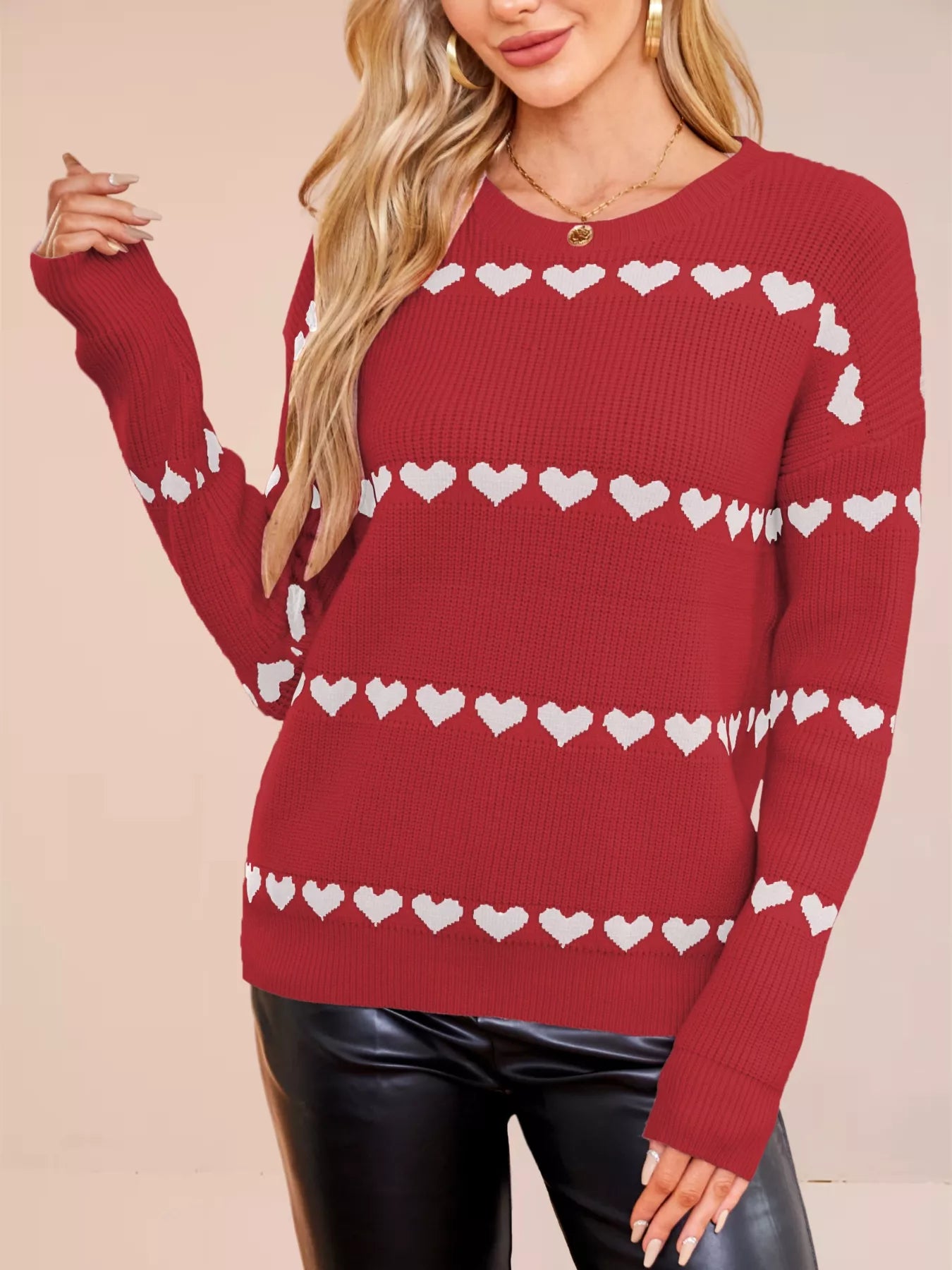 Heart Pattern Dropped Shoulder Sweater OutfitFlow