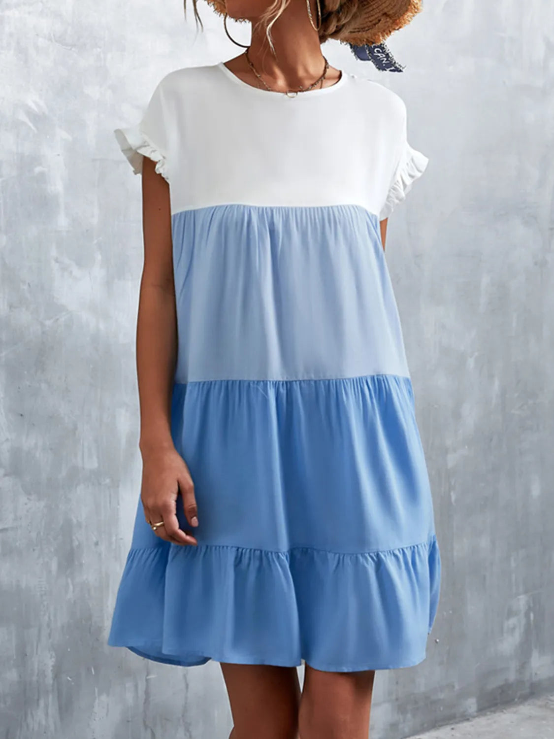 Color Block Round Neck Short Sleeve Dress OutfitFlow