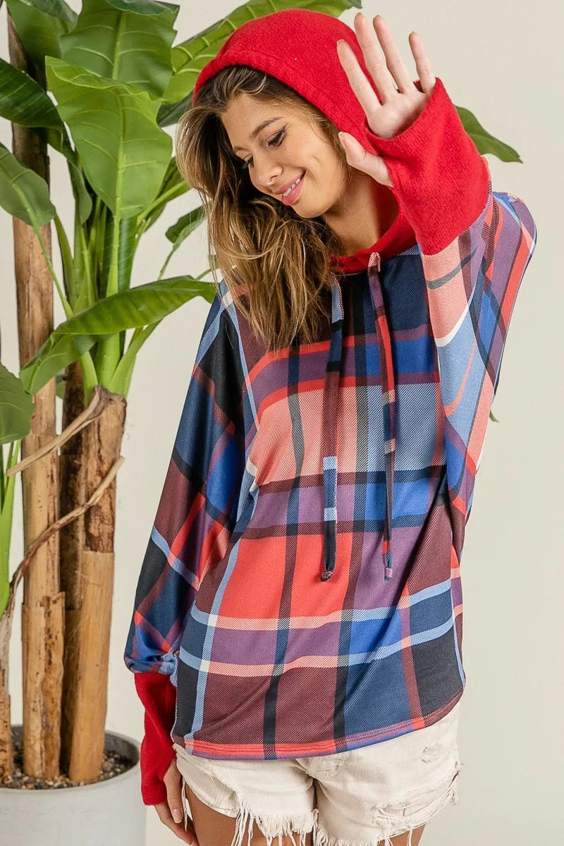 BiBi Plaid Mirr Brushed Rib Contrast Thumb Open Hoodie OutfitFlow