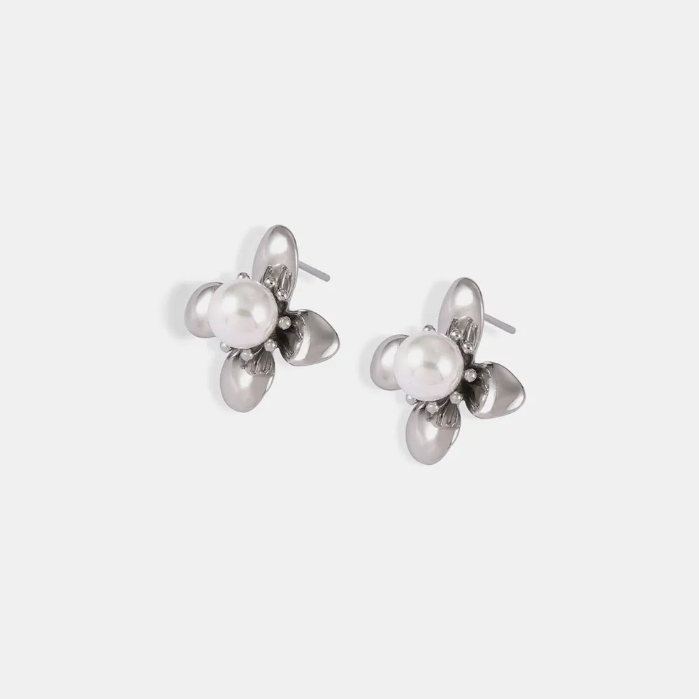 Synthetic Pearl Titanium Steel Flower Earrings OutfitFlow
