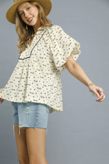 Umgee Bow Print Puff Sleeve Blouse OutfitFlow