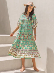 Ruched Printed Puff Sleeve Midi Dress OutfitFlow