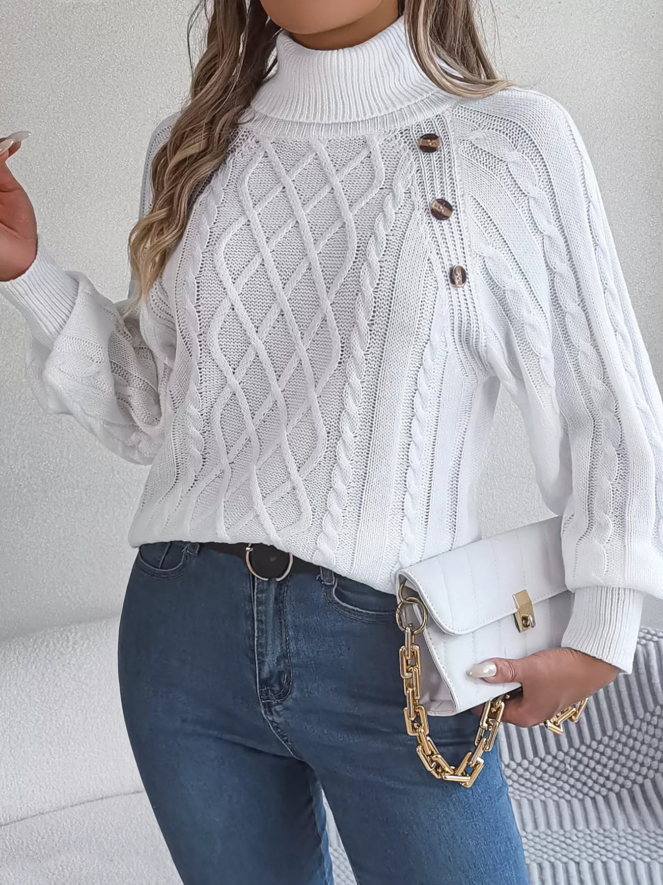 Cable Knit Turtleneck Long Sleeve Sweater White OutfitFlow