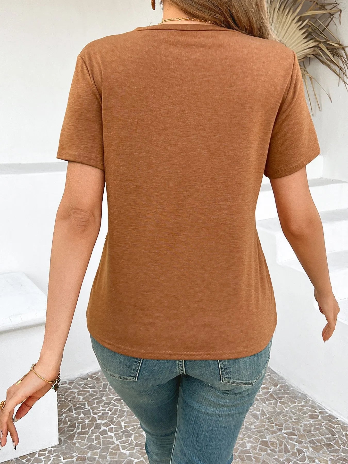 Cross Line Detail Round Neck T-Shirt OutfitFlow