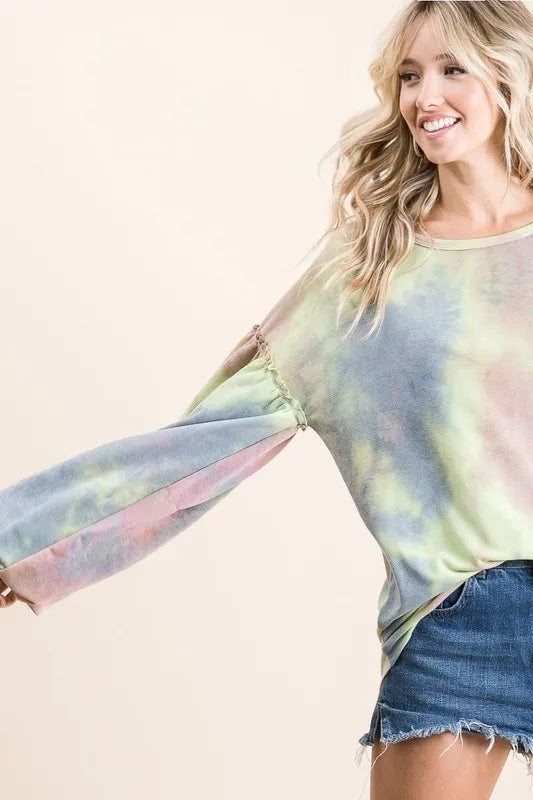 BiBi Tie Dye French Terry Sweatshirt With Bubble Sleeves Trendsi